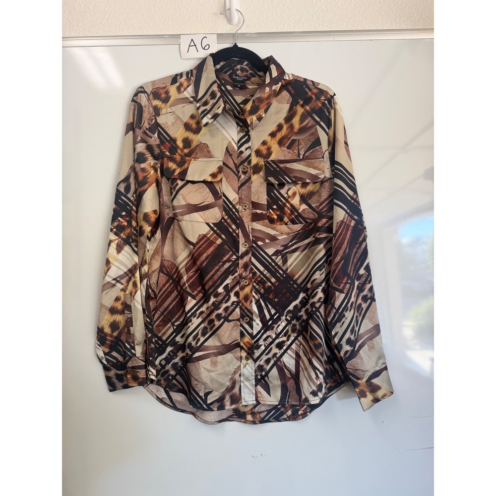 Marciano Guess Womens Animal Print Button Down Shirt Brown Tan Long Sleeve M